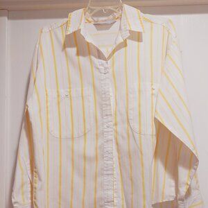White & yellow striped button up blouse with pocket Sz L